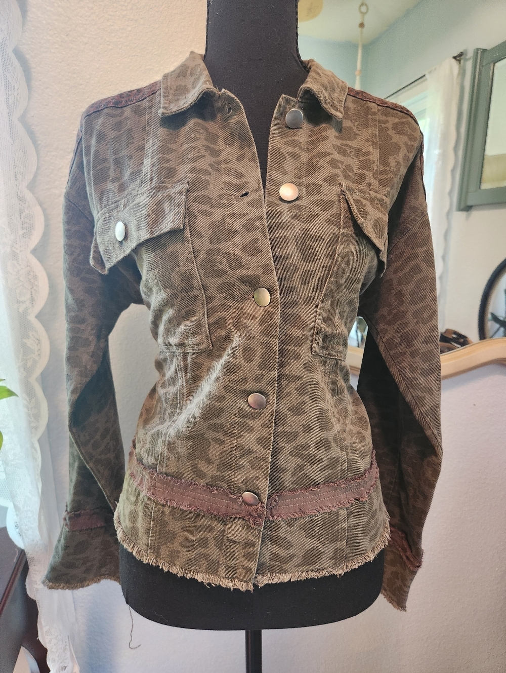 Mystree Olive Green Leopard Print Frayed Trim Jacket